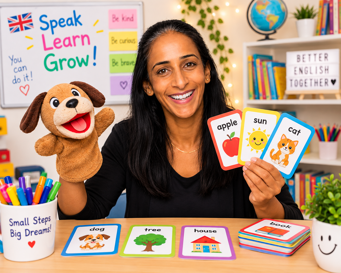 Bouchra utilise une marionnette et des flashcards avec un jeune enfant