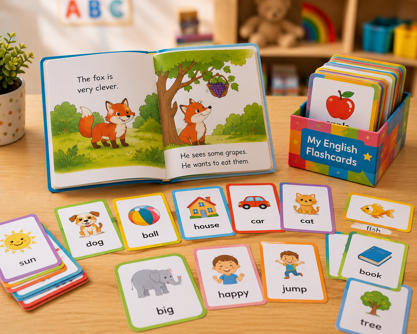 Livre illustré et flashcards utilisés pour les 6-8 ans