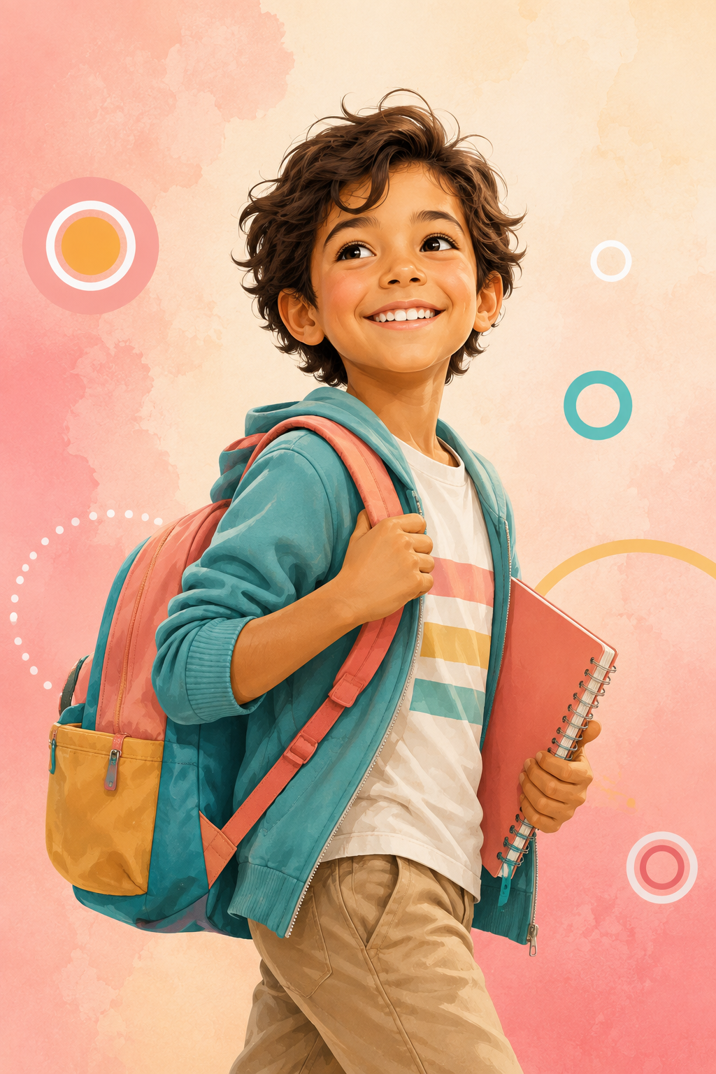 Enfant souriant avec son cahier, prêt à apprendre l'anglais