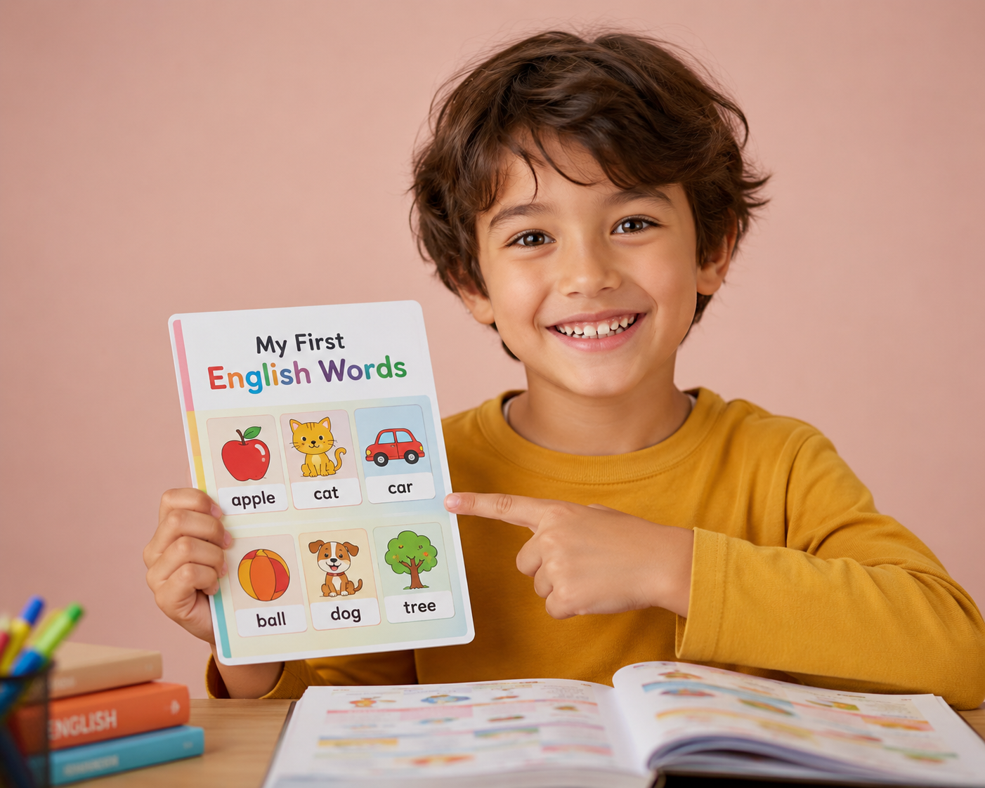 Un enfant souriant montre du doigt un livre de vocabulaire anglais illustré